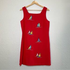 Women’s Red Linen Summer Dress Vintage Boats Embroidered Size 6